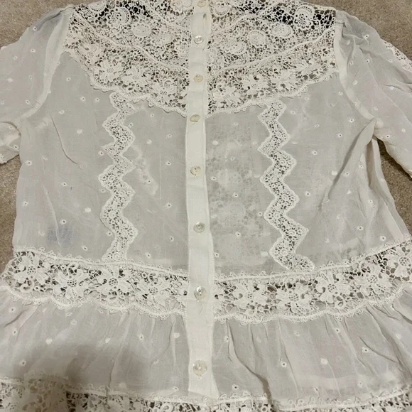 Sheer white chiffon button up blouse with mother of pearl buttons and lace inset - Picture 6 of 7